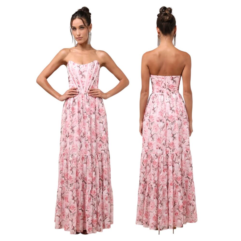 NWOT Lulus Special Moment Pink Floral Strapless Bustier Maxi Dress Size Medium - Picture 8 of 8